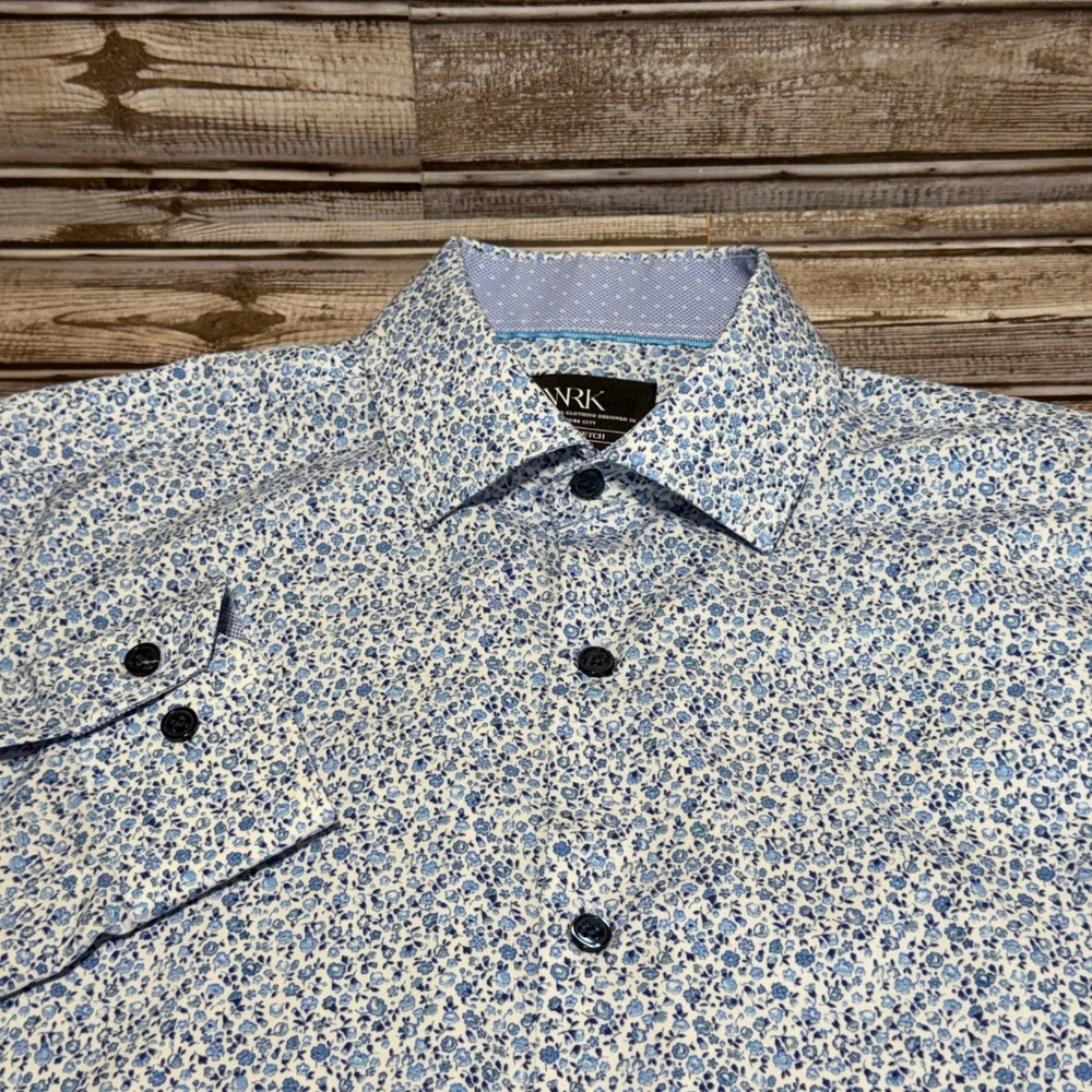 WRK Dress Shirt Mens 15 Blue Floral 4-Way Stretch Long Sleeve Button Up